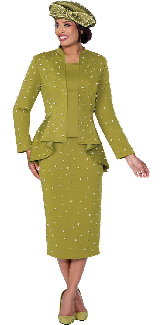 GMI 400663 - Olive - 3 pc Light Scuba Pearl Embellished Skirt Suit