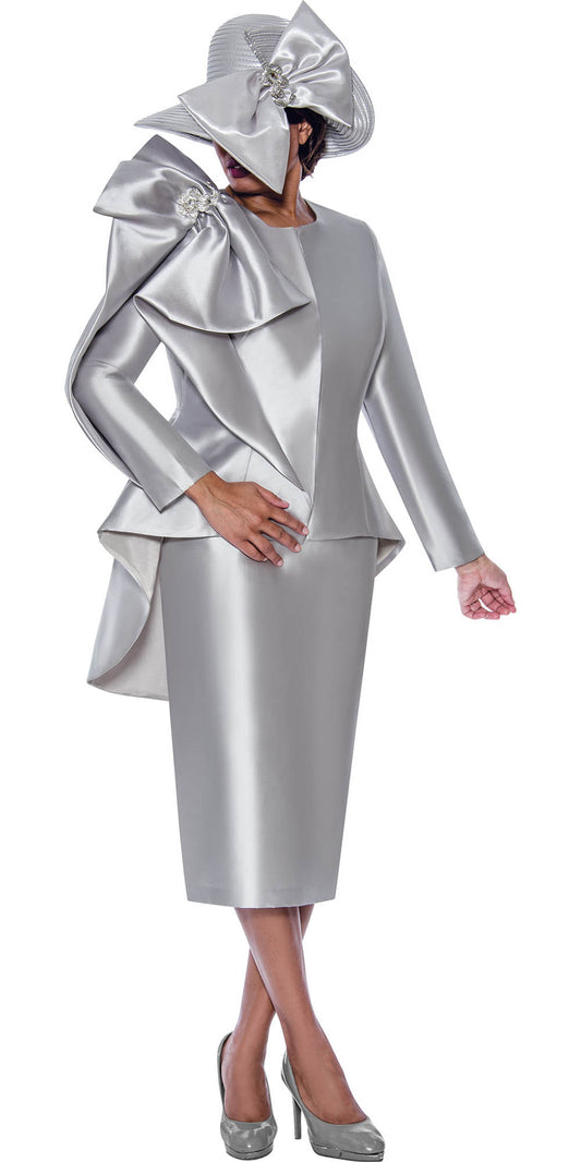 GMI - 10032 - Silver - 2PC Twill High Low Skirt Suit with Shoulder Bow