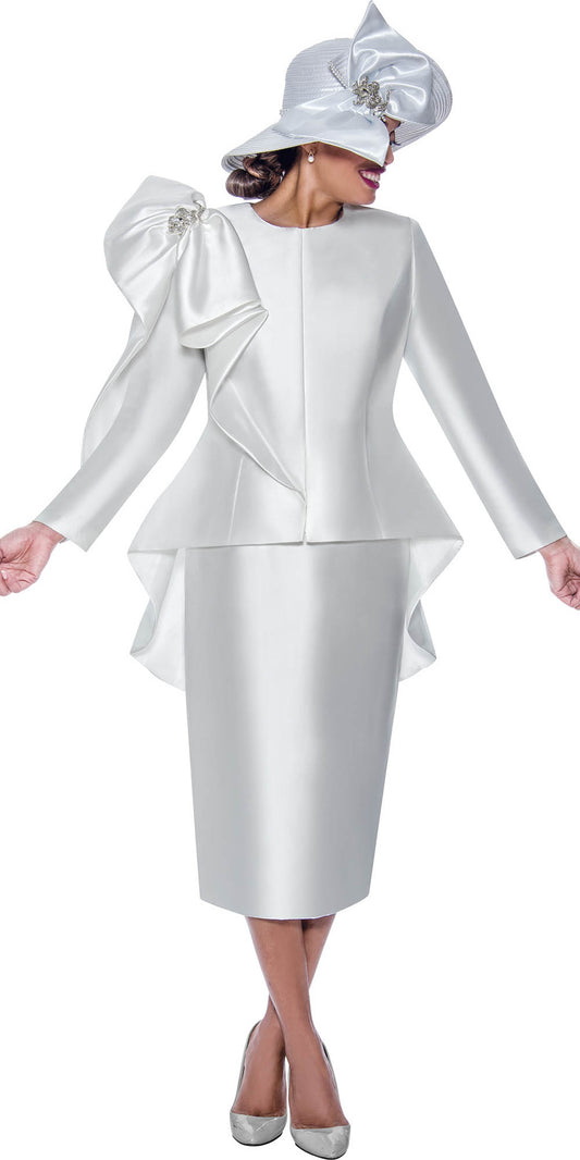 GMI - 10032 - White - 2PC Twill High Low Skirt Suit with Shoulder Bow