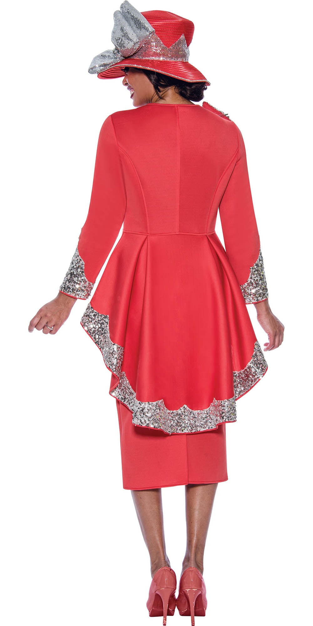 GMI - 10042 - Coral - Embellished Scuba Fabric High Low Skirt Suit with Embellished Shoulder Bow