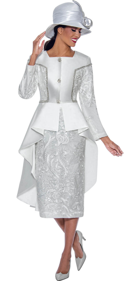 GMI - 10052 - White - 2 PC High Low Lace and Twill Skirt Suit
