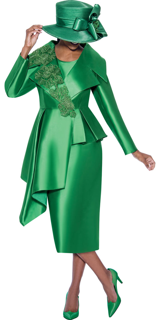 GMI - 10083 - Emerald - 2 PC Asymmetric High Low Embellished Twill Skirt Suit