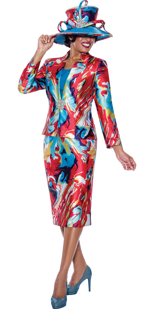 GMI - 10193 - 3PC Multi Color Silky Twill Print Skirt Suit