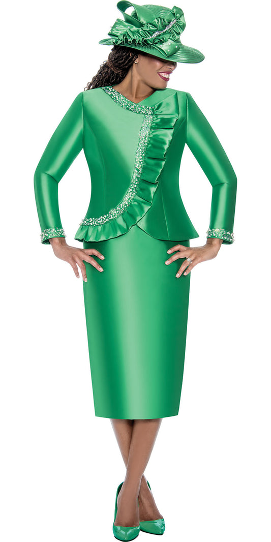 GMI 400702 - Emerald - 2pc Twill Ruffle Pearl & Crystal Trim Skirt Suit