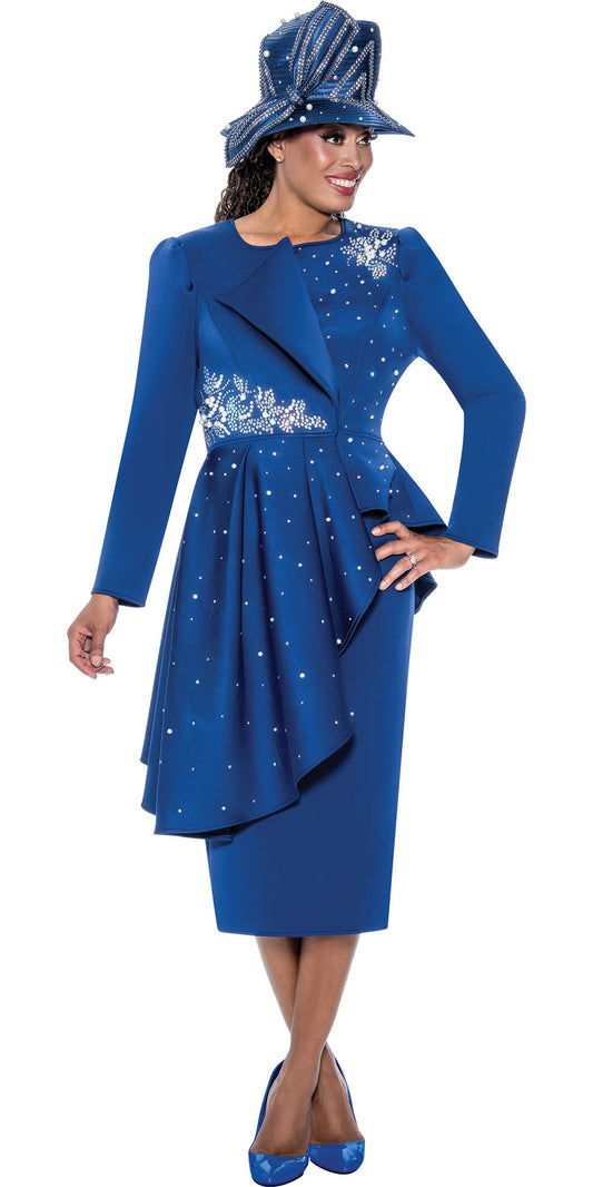 GMI 400712 - Royal - 2pc Scuba Hilo Pearl & Crystal Embellished Skirt Suit