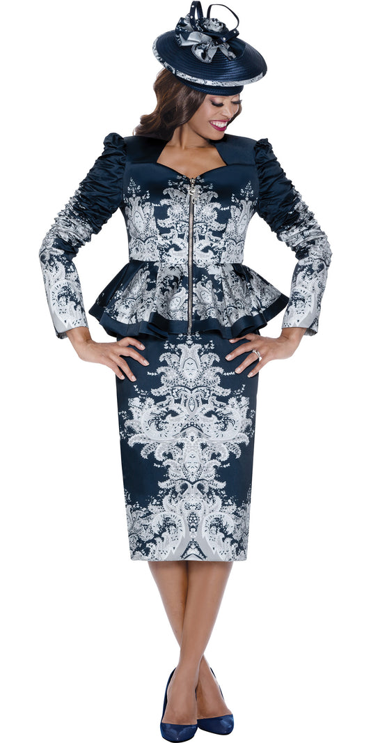 GMI 400832 - Navy Silver - Twill Zip Front Fleur Applique Skirt Suit