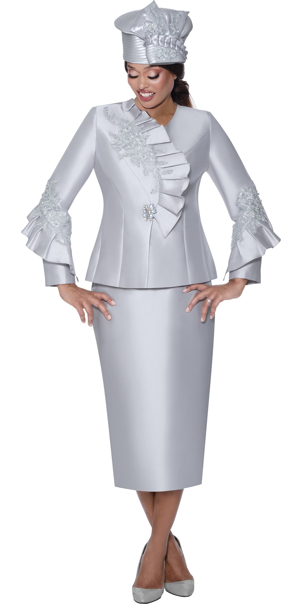 GMI 400862 - Silver - Twill Ruffle Trim Skirt Suit