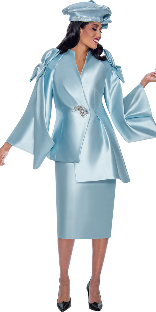 GMI - 9992 - Blue - Shoulder Bow Asymmetrical Twill 3pc Skirt Suit