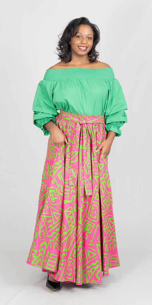 KaraChic 7001-607 -  Elastic Waist African Print Maxi Skirt