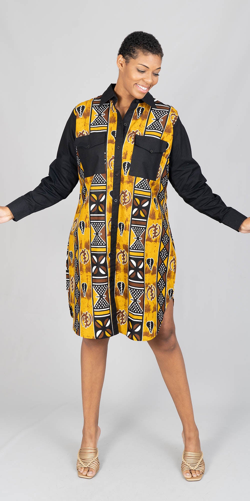 KaraChic 7755A-587 - Long Sleeve African Print and Solid Dress