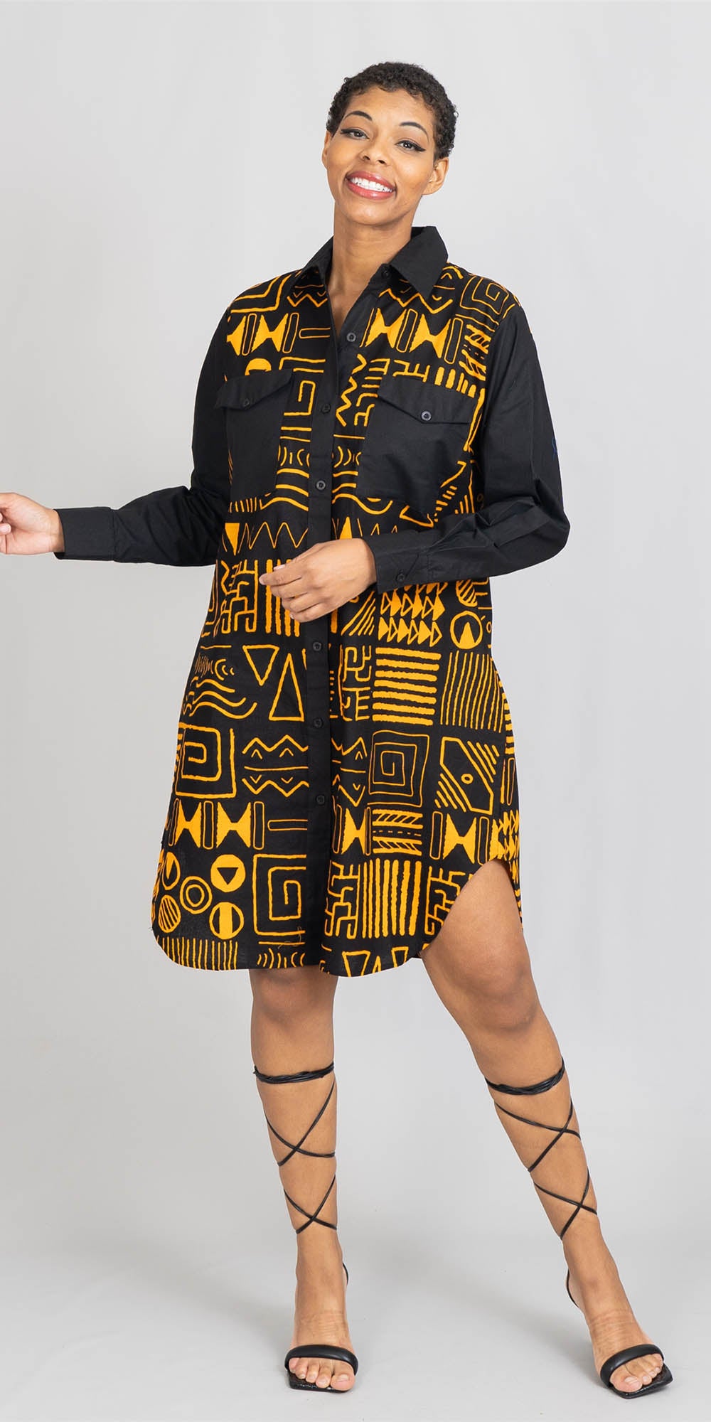 KaraChic 7755A-593 - Long Sleeve African Print and Solid Dress