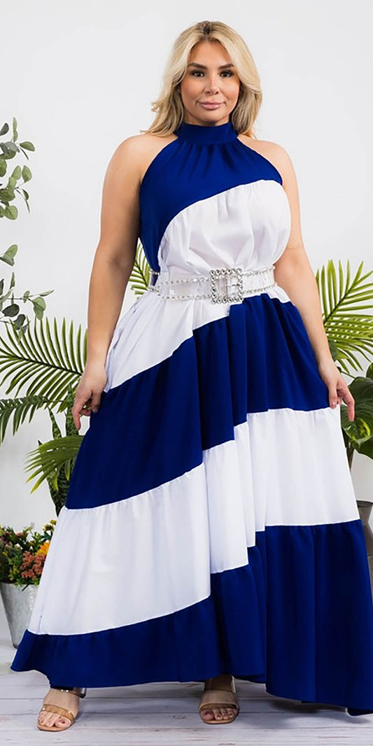 Karen T 9337 - Blue White - Halter Colorblock Maxi Dress