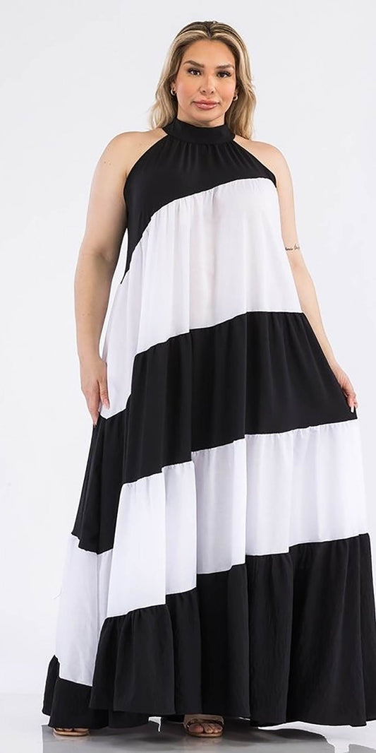 Karen T 9337 - Black White - Halter Colorblock Maxi Dress