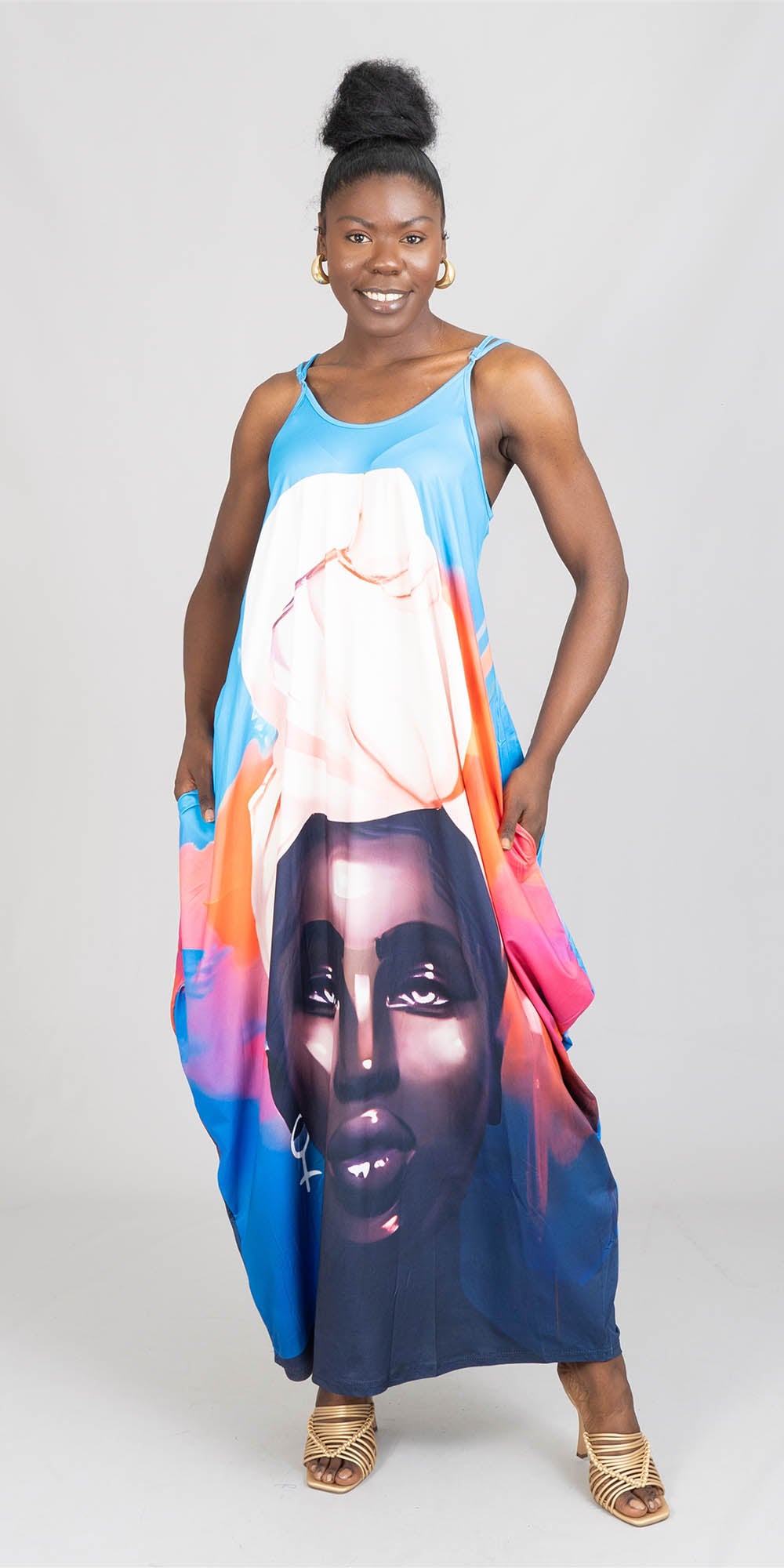 KaraChic - CHH23013 - Sleeveless Face Print Knit Maxi Dress