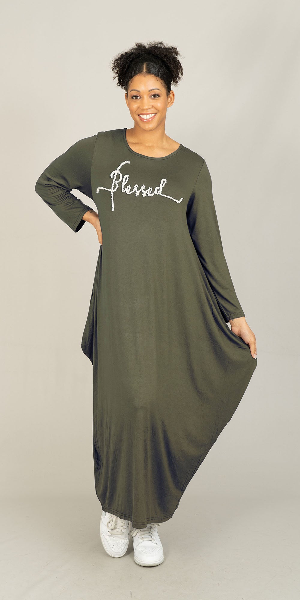 KaraChic CHH23053LS - Olive - Blessed Pearl Embellished Knit Maxi Dress