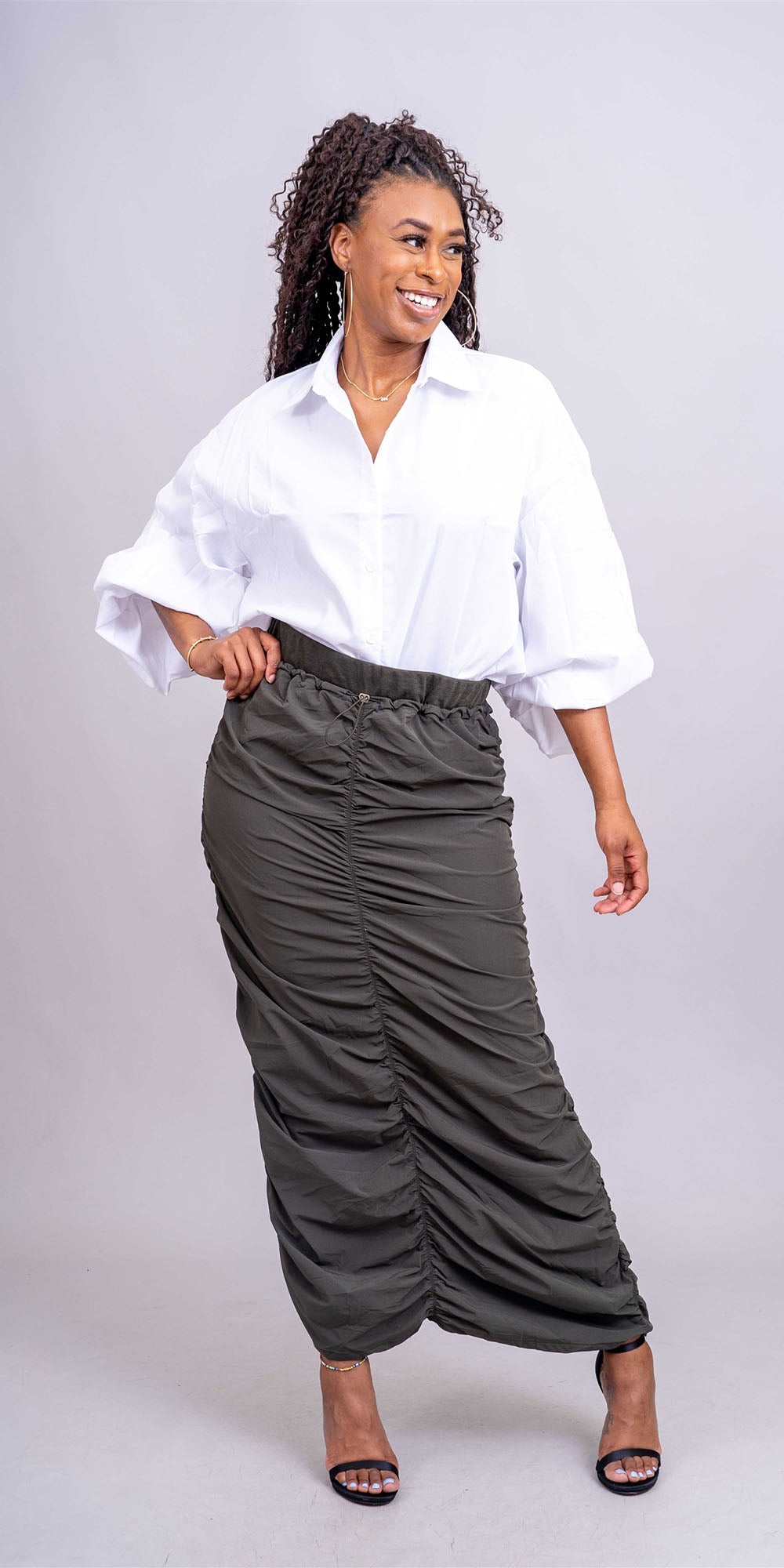 Kara Chic CHH24015 Long Skirt w/ Ruching - Olive