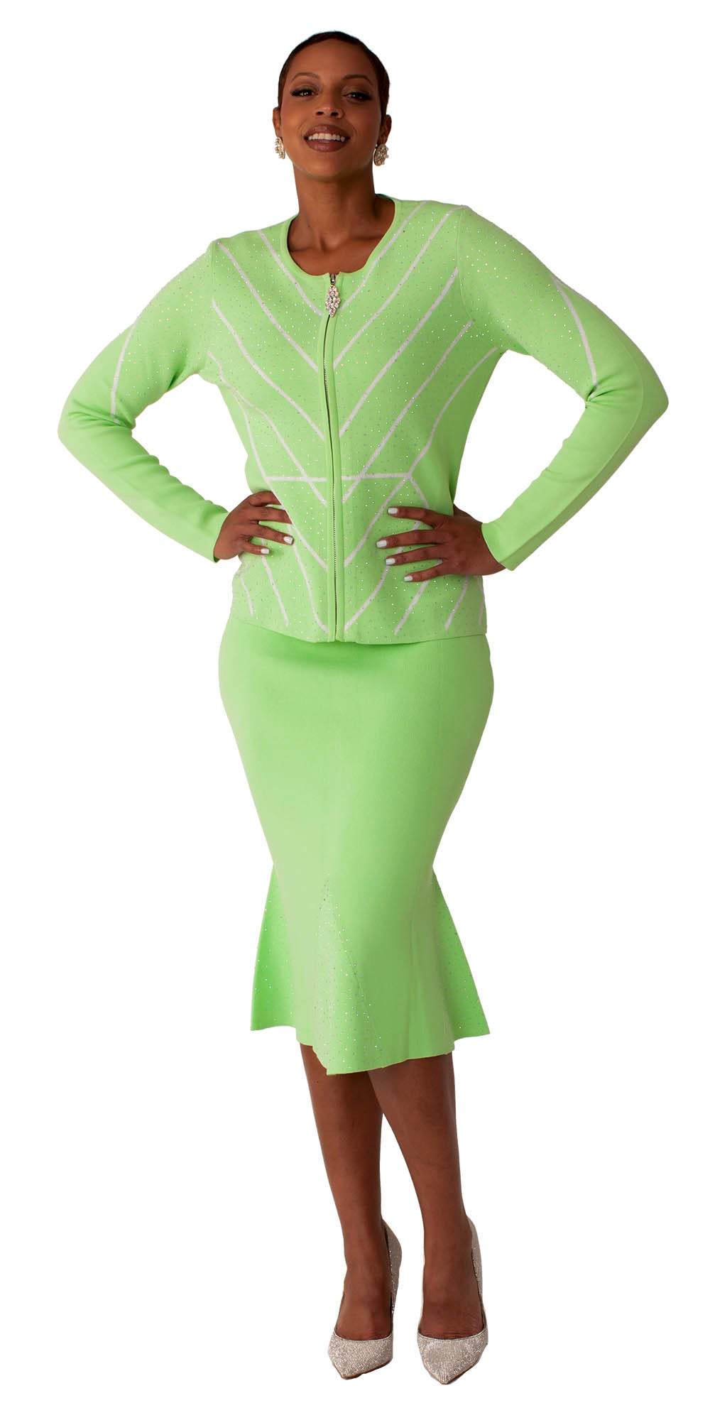 Kayla - 5321 - Lime - Rhinestone Embellished Knit 2pc Skirt Set