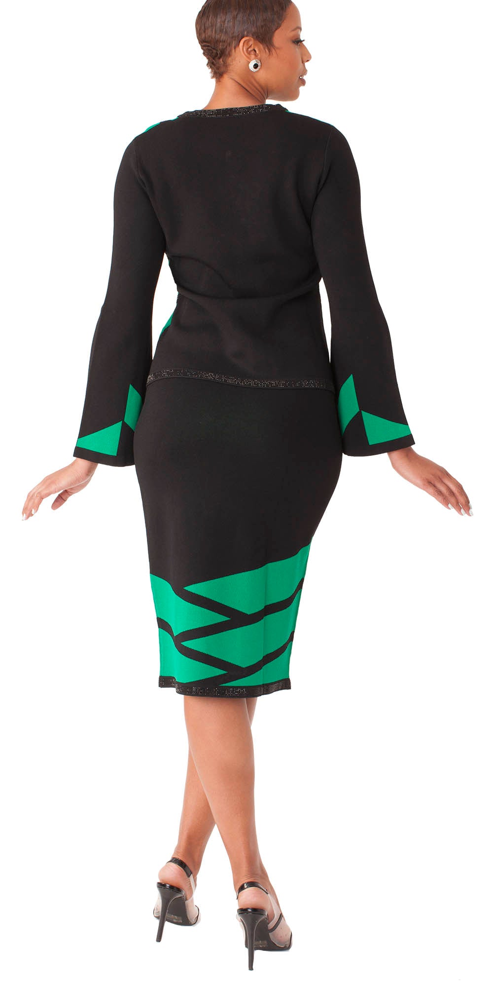 Kayla - 5326 - Black Emerald - Geometric Print Knit 2pc Skirt Set