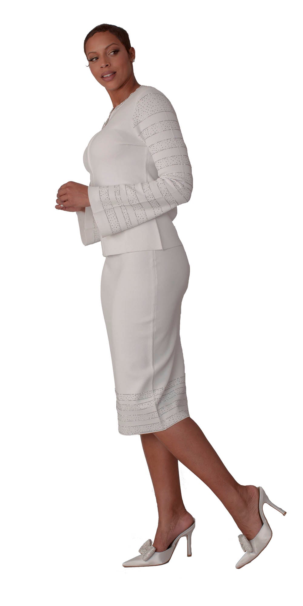 Kayla - 5327 - White Silver - Embellished Knit 2pc Skirt Set