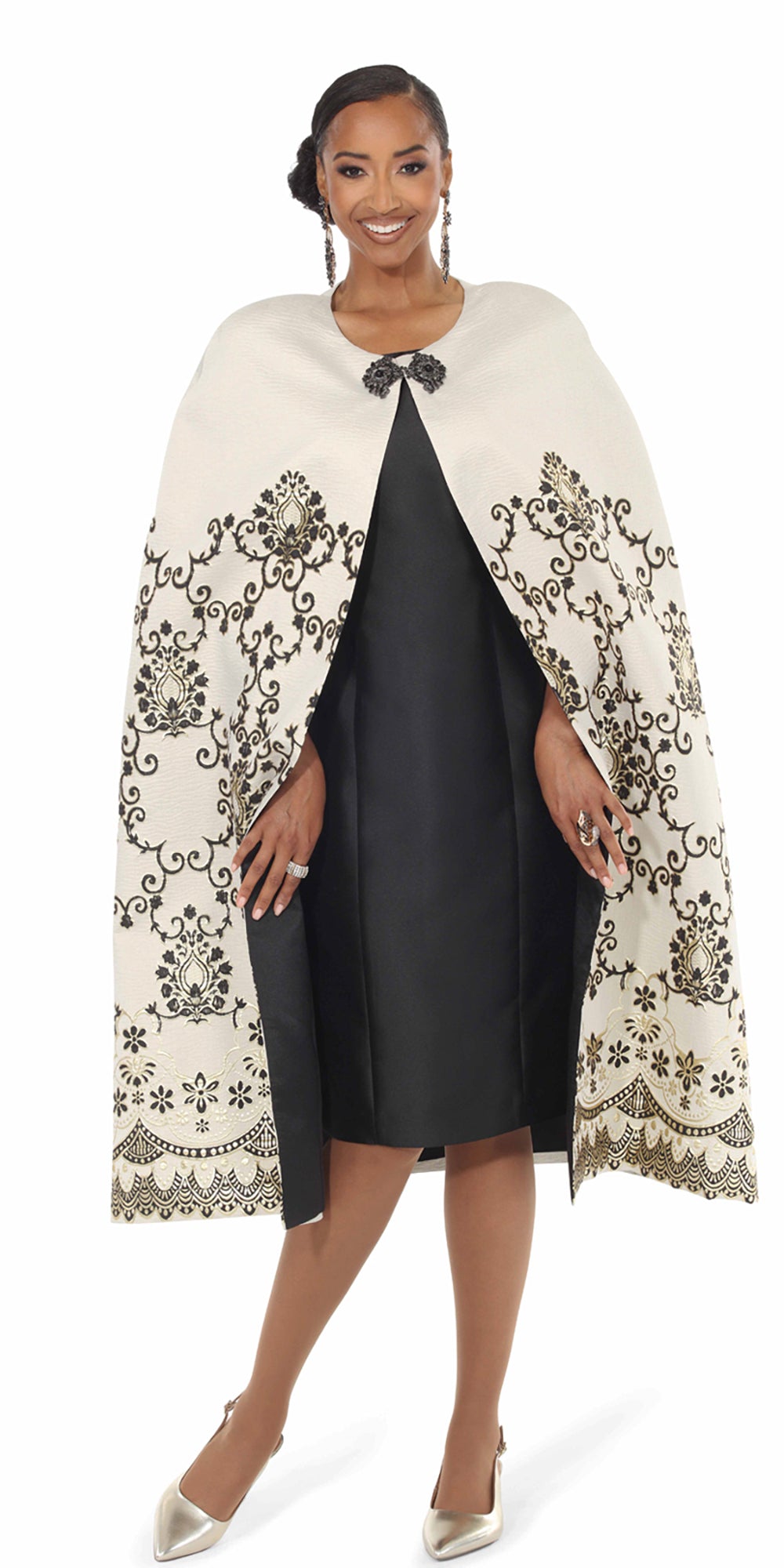 Lisa Rene 240729 - Champagne - 2 pc Embroidered Cape Dress
