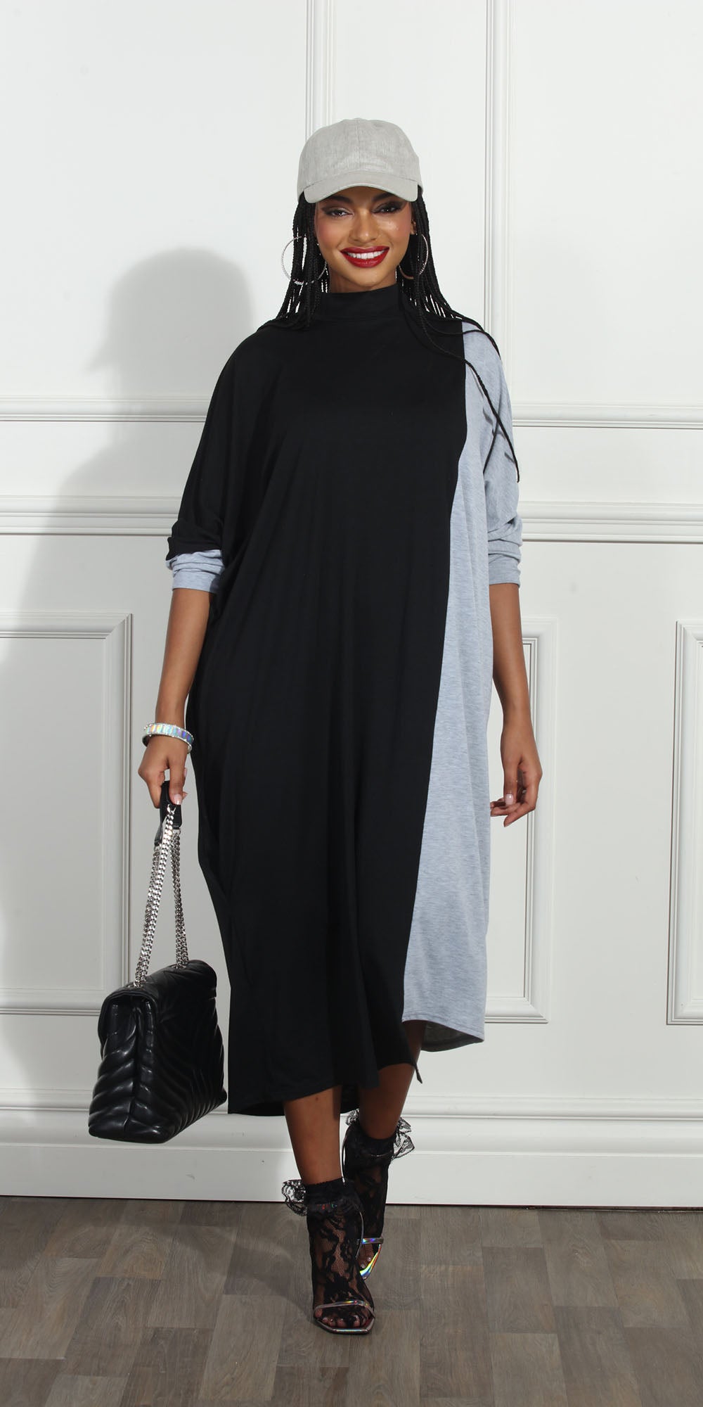 Luxe Moda LM251 - Black Silver - Two-tone Knit Dress