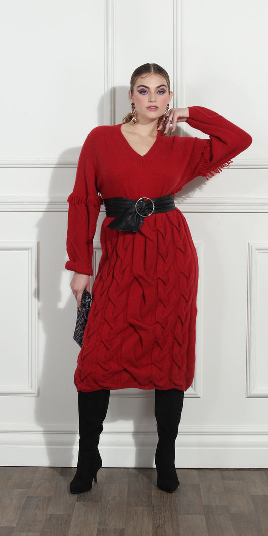 Luxe Moda LM252 - Red - Cable Knit Sweater Dress
