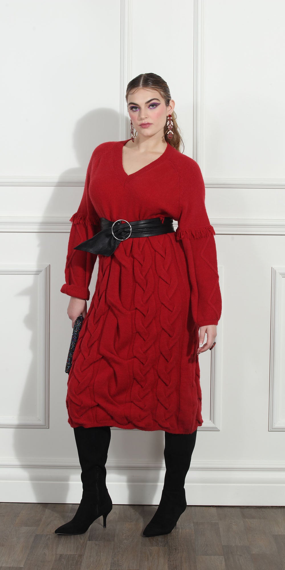 Luxe Moda LM252 - Red - Cable Knit Sweater Dress