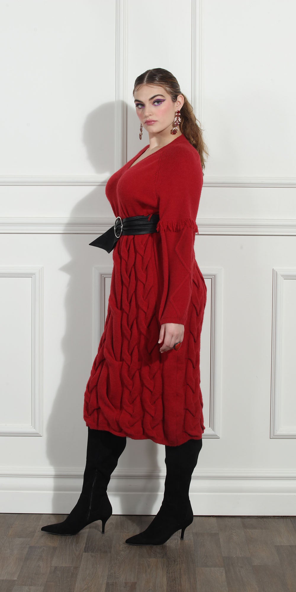 Luxe Moda LM252 - Red - Cable Knit Sweater Dress