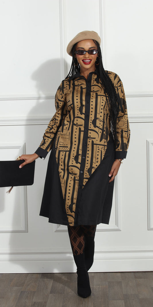Luxe Moda LM273 - Black Gold - Two-tone Print Button Front Dress