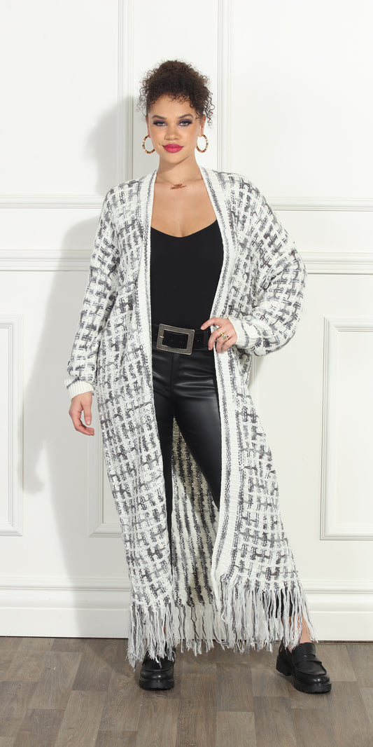 Luxe Moda LM280 - White Multi - Long Cardigan with Fringe