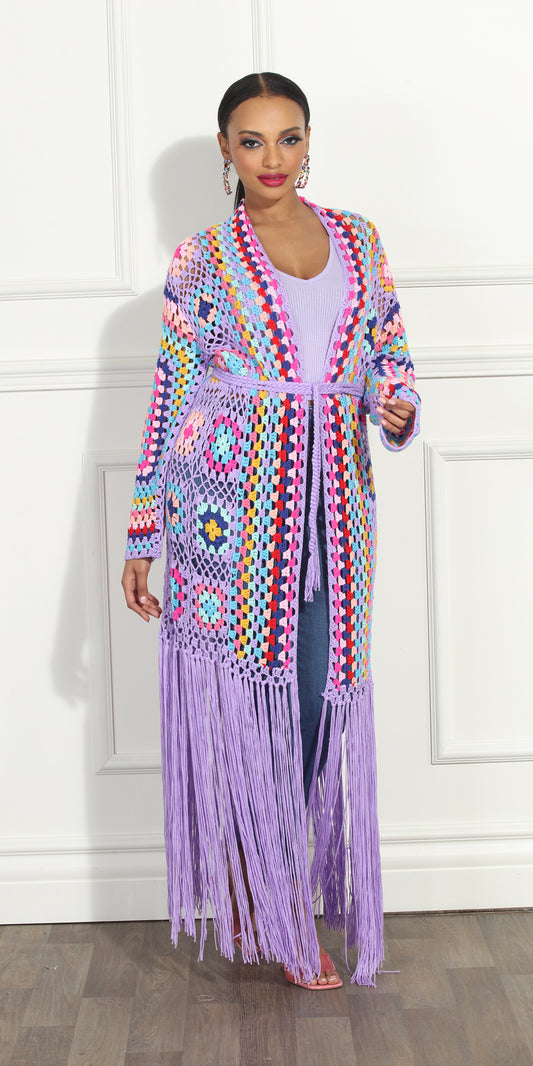 Luxe Moda LM281 - Lavender Multi - Long Cardigan with Fringe