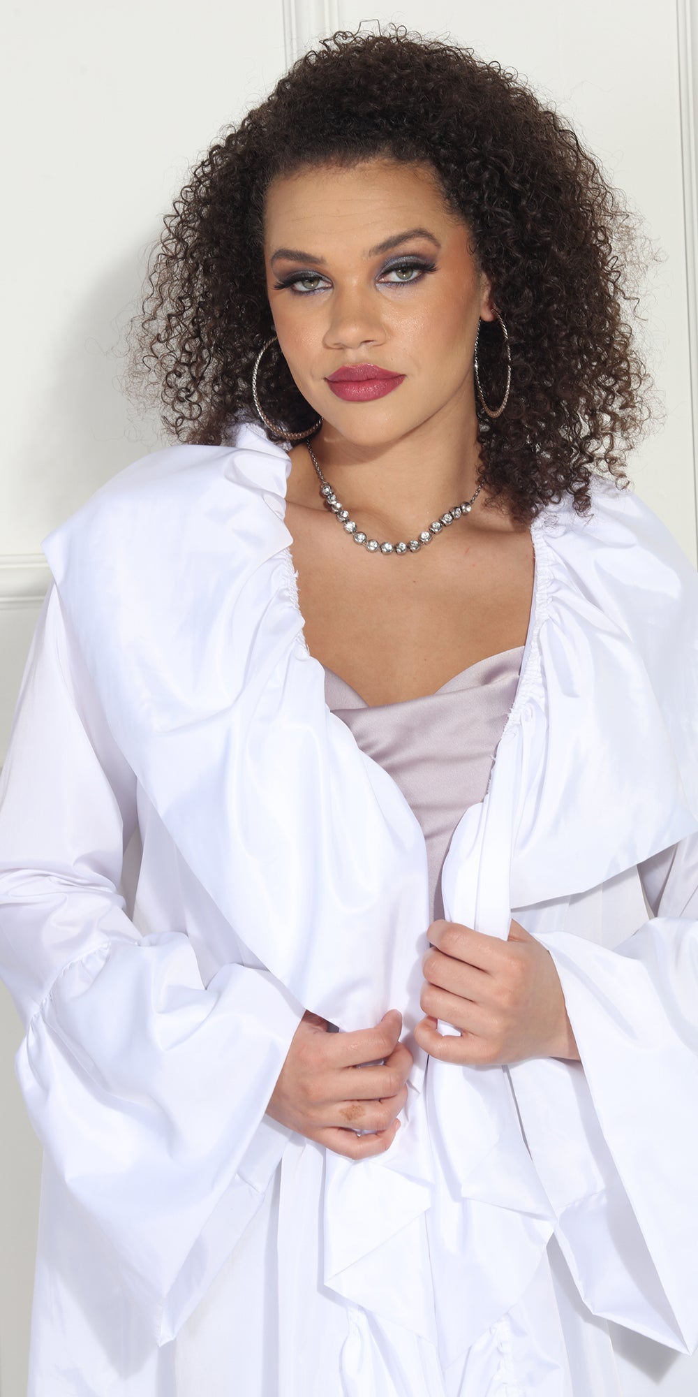 Luxe Moda LM282 - White - Ruffle Trim Duster