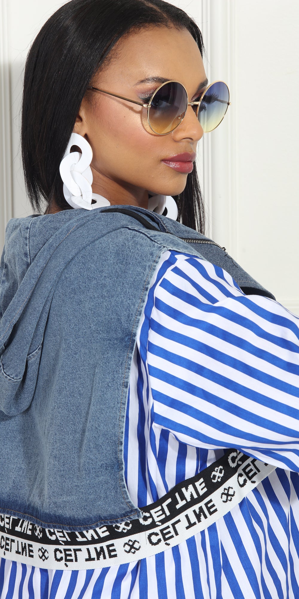 Luxe Moda LM316 - Blue White - Denim and Stripe Jacket