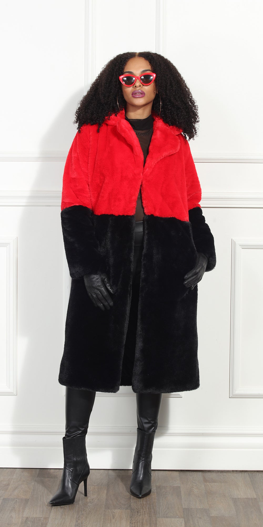 Luxe Moda LM343 - Red Black - Two Tone Faux Fur Coat