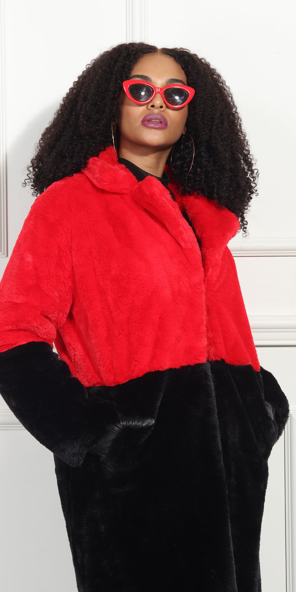 Luxe Moda LM343 - Red Black - Two Tone Faux Fur Coat