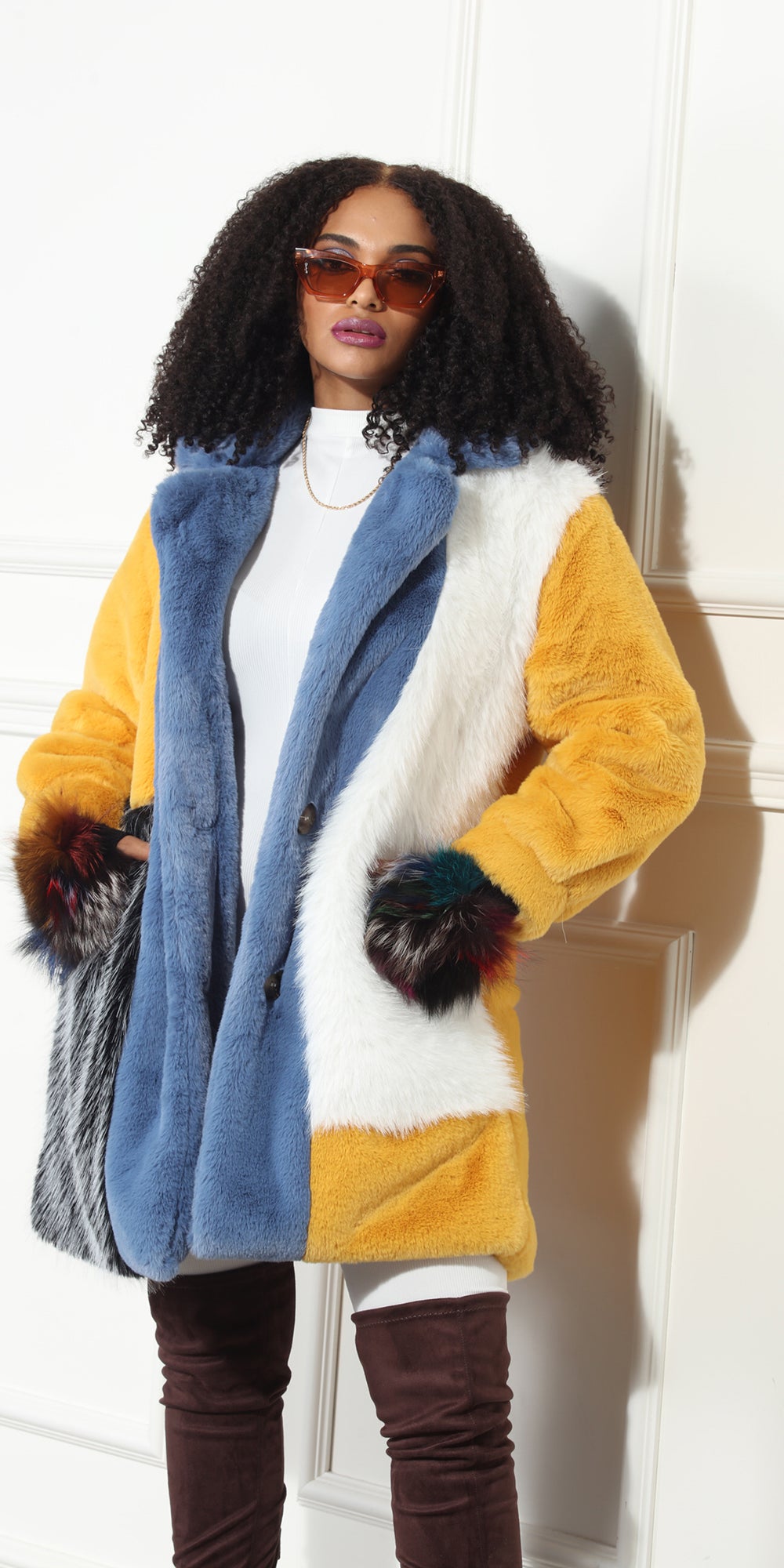 Luxe Moda LM347 - Multi - Color Block Faux Fur Jacket