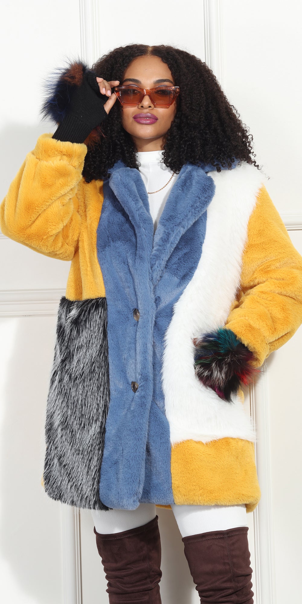 Luxe Moda LM347 - Multi - Color Block Faux Fur Jacket