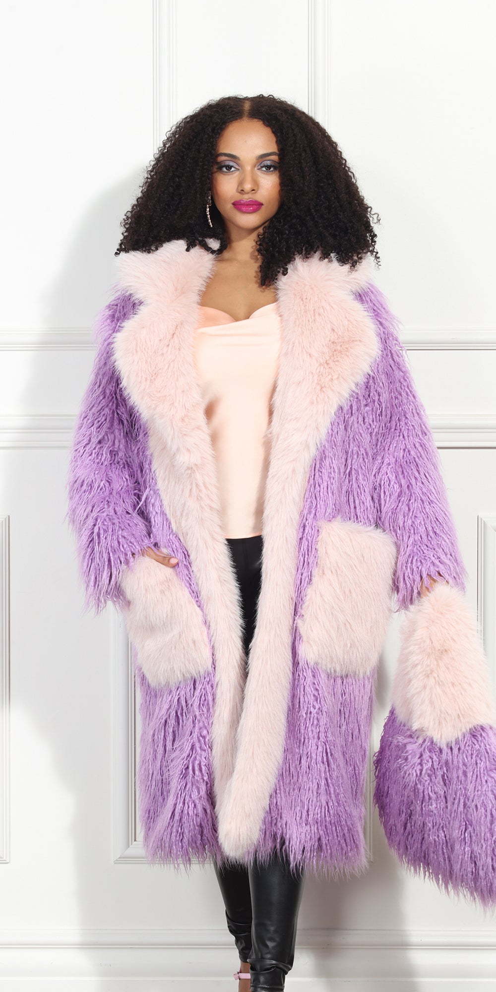 Luxe Moda LM348 - Lavender - Faux Fur Two Tone Coat