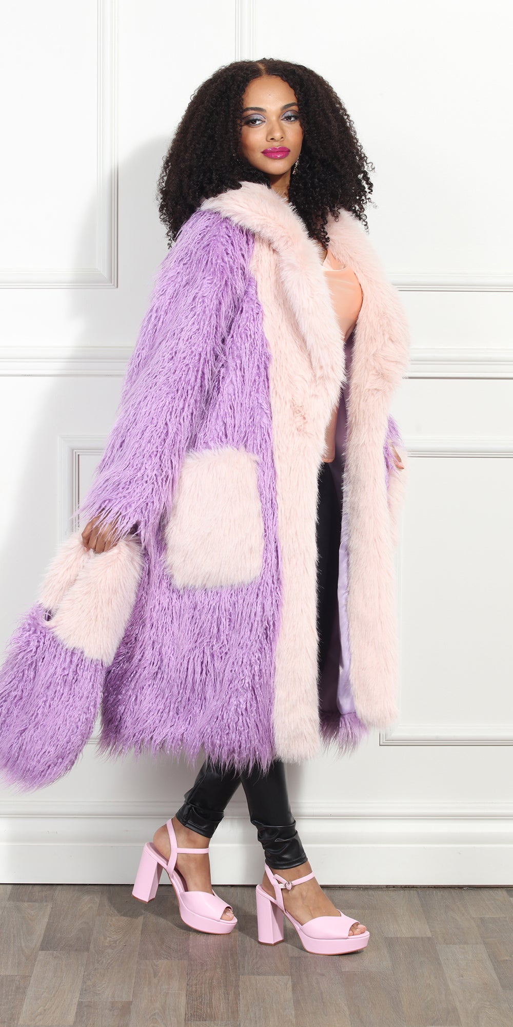 Luxe Moda LM348 - Lavender - Faux Fur Two Tone Coat