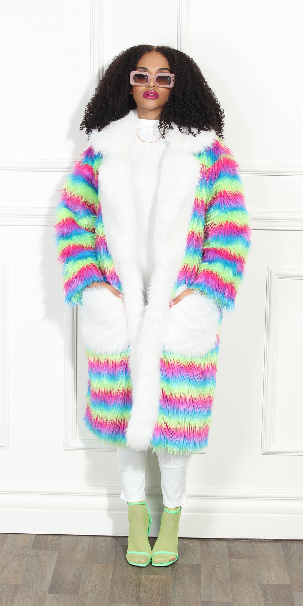 Luxe Moda LM350 - Multi - Faux Fur Stripe Coat