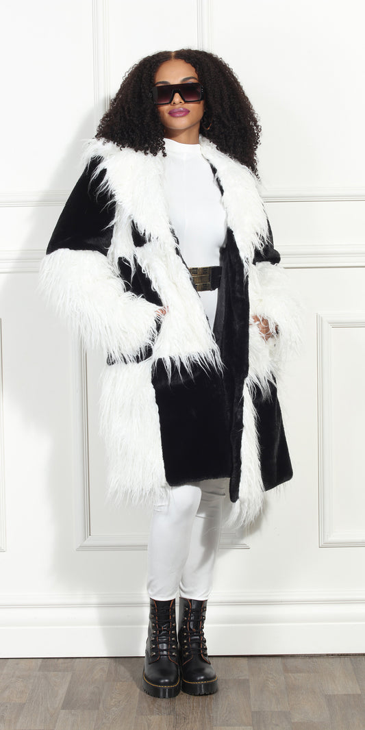 Luxe Moda LM351 - Black White - Faux Fur Checkerboard Coat