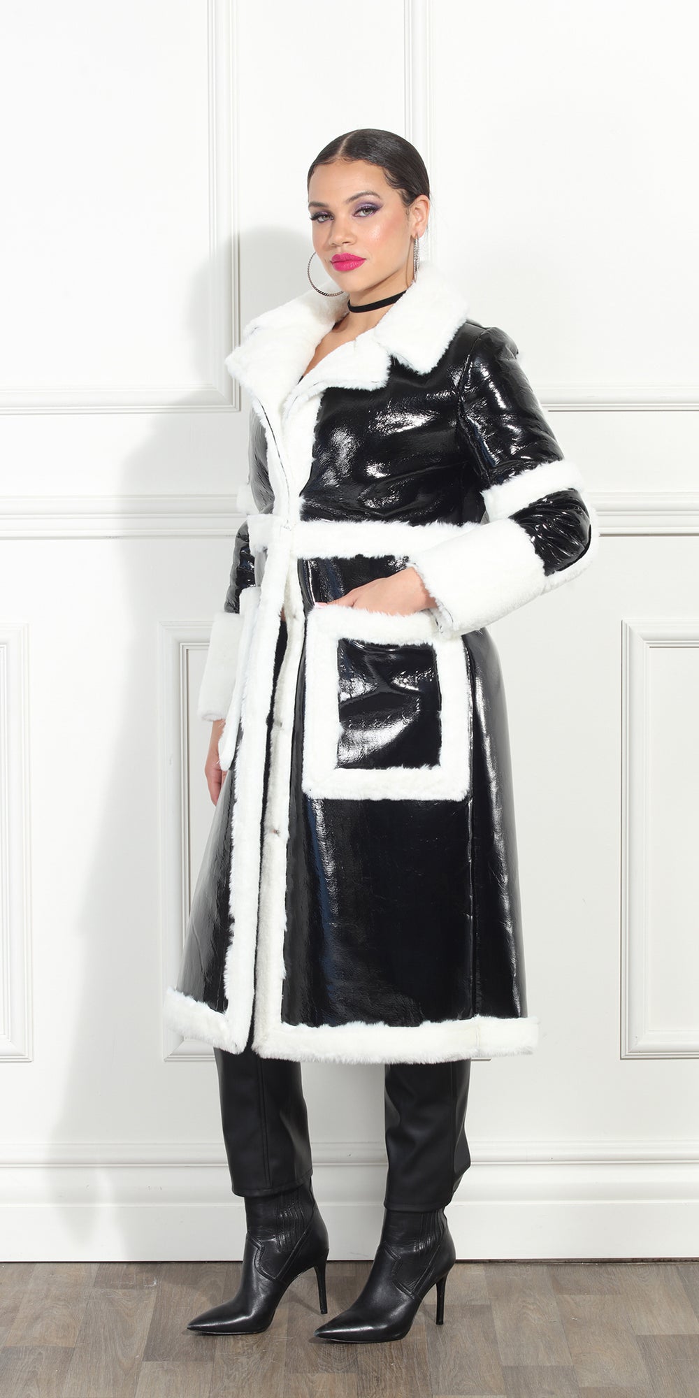 Luxe Moda LM352 - Black White - Faux Patent Coat