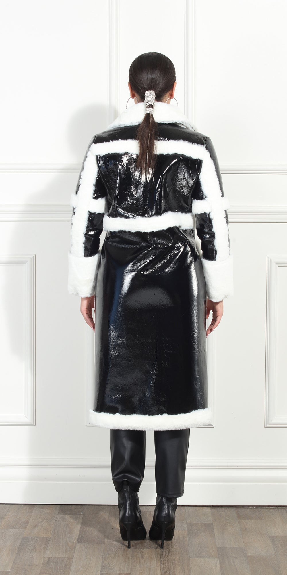 Luxe Moda LM352 - Black White - Faux Patent Coat