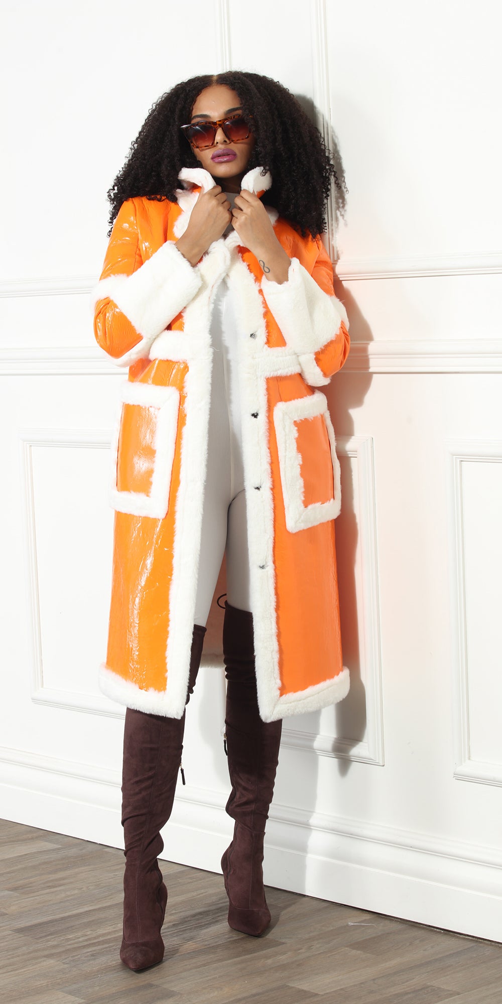 Luxe Moda LM352 - Orange White - Faux Patent Coat