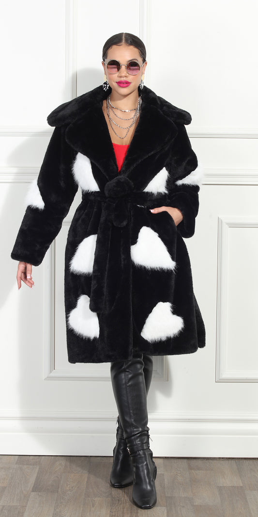 Luxe Moda LM353 - Black White - Faux Fur Heart Coat with Tie Belt