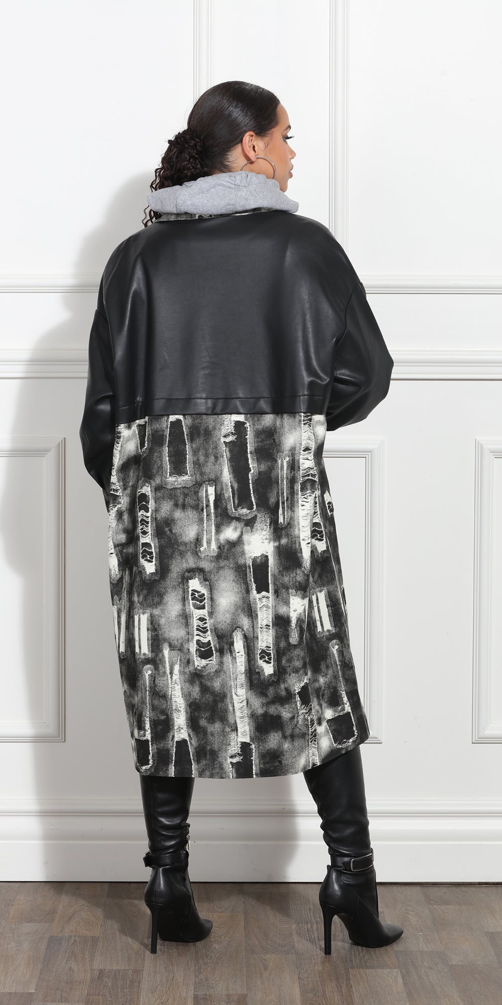 Luxe Moda LM366 -Black Gray - Print Faux Leather Coat Dress