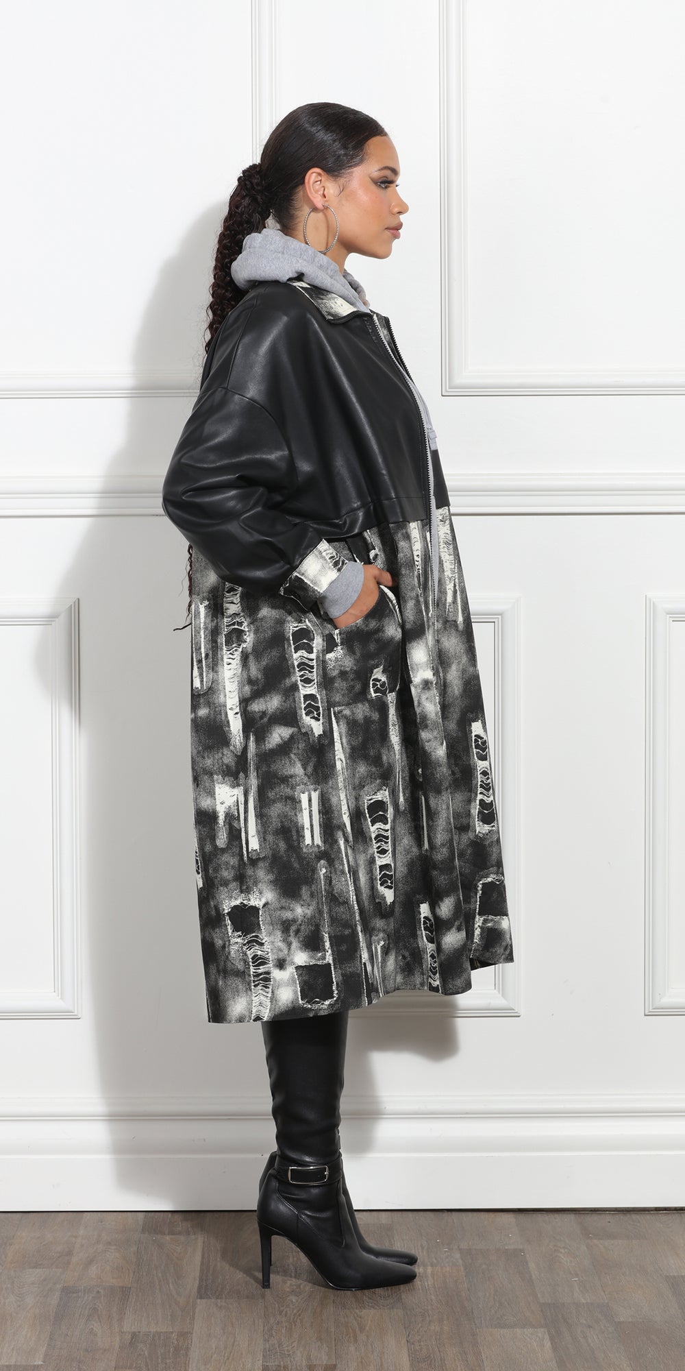 Luxe Moda LM366 -Black Gray - Print Faux Leather Coat Dress