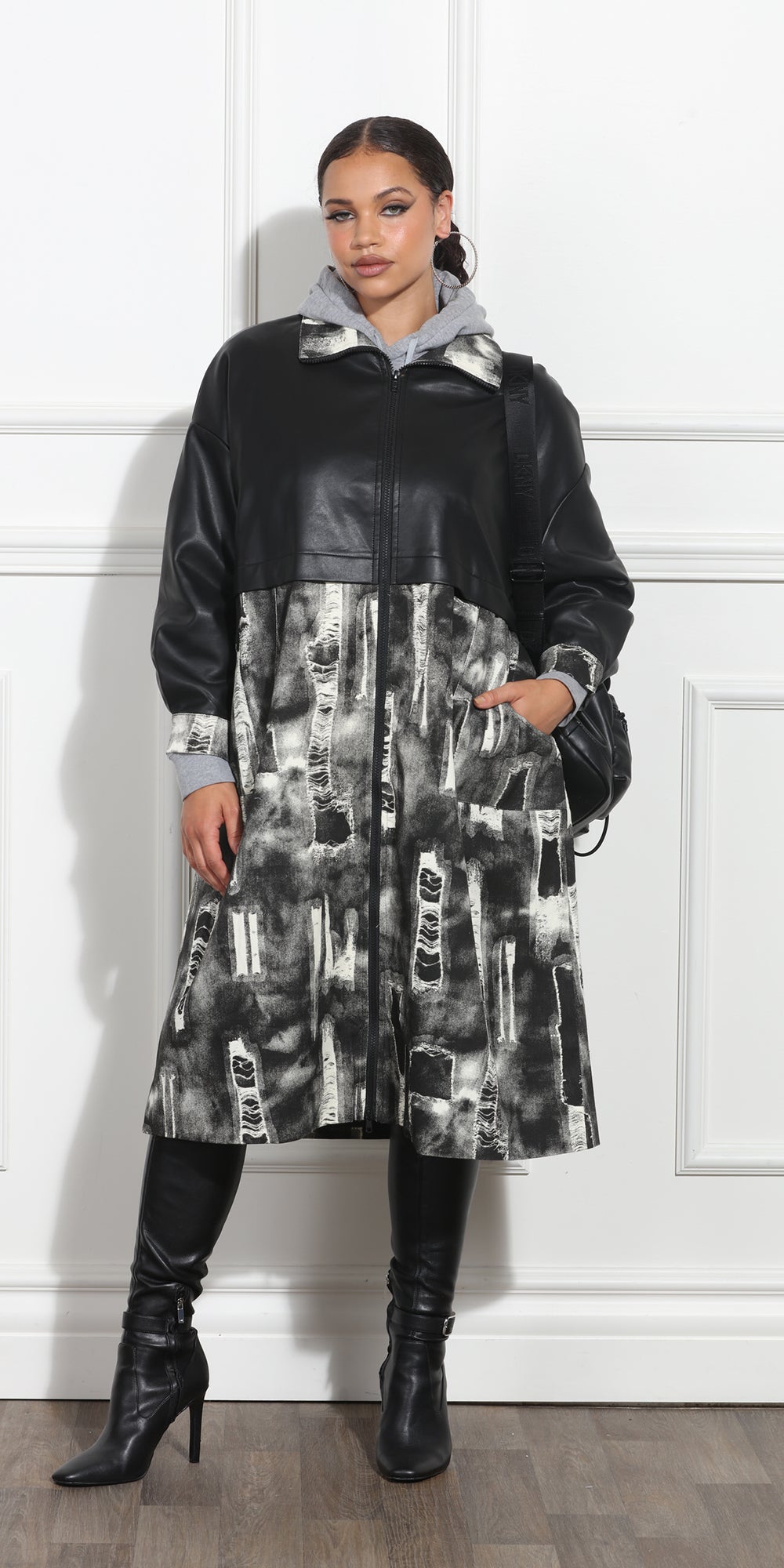 Luxe Moda LM366 -Black Gray - Print Faux Leather Coat Dress