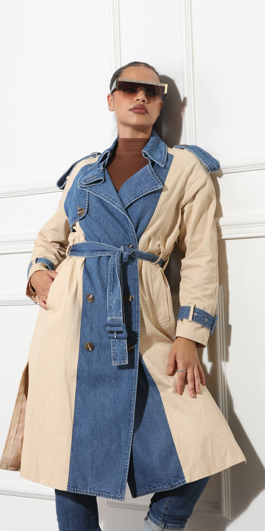 Luxe Moda LM367 - Beige Blue - Coat with Denim Inserts