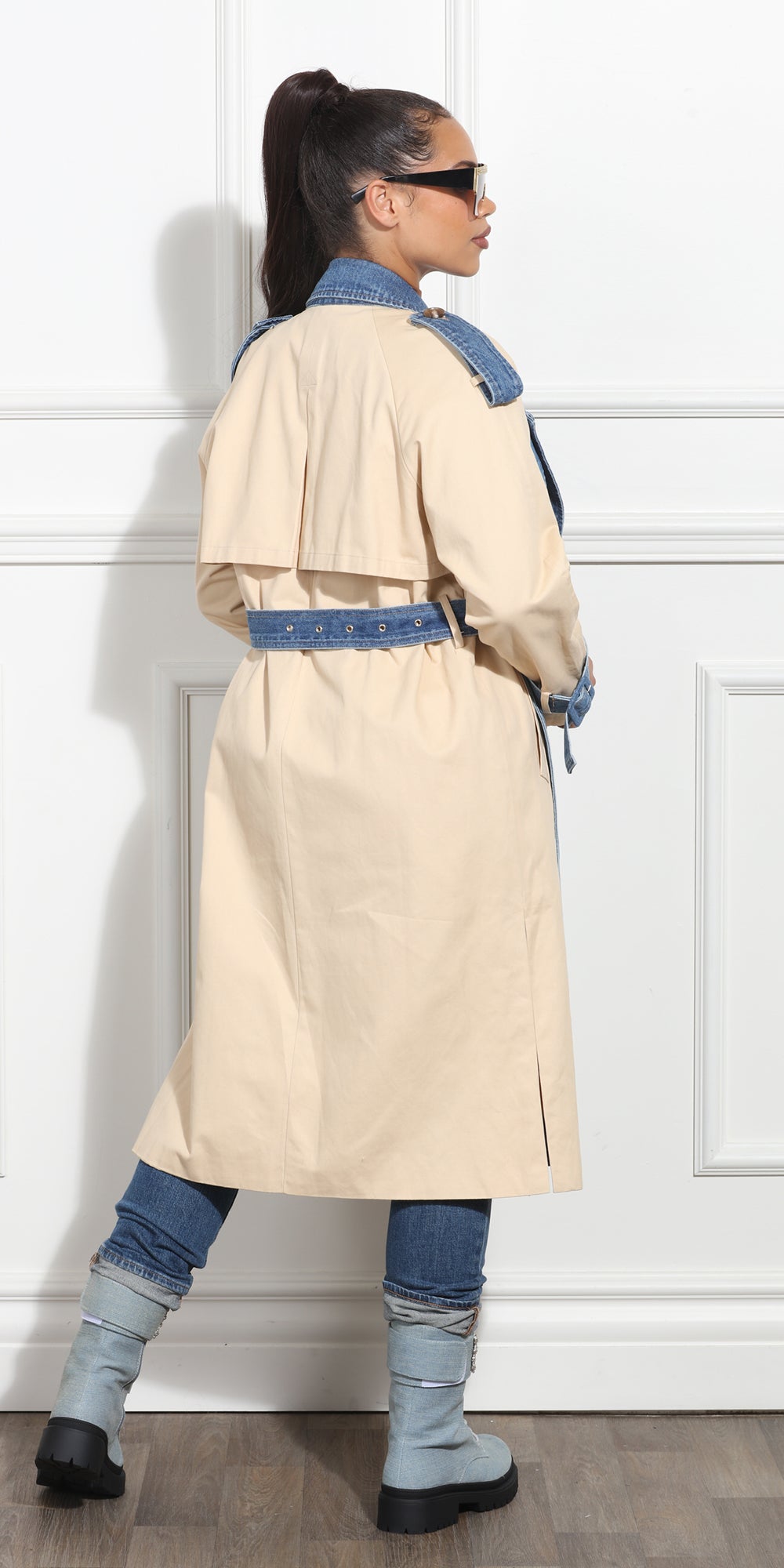 Luxe Moda LM367 - Beige Blue - Coat with Denim Inserts